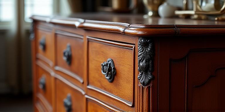 Restaurert antikk kommode med intrikate detaljer