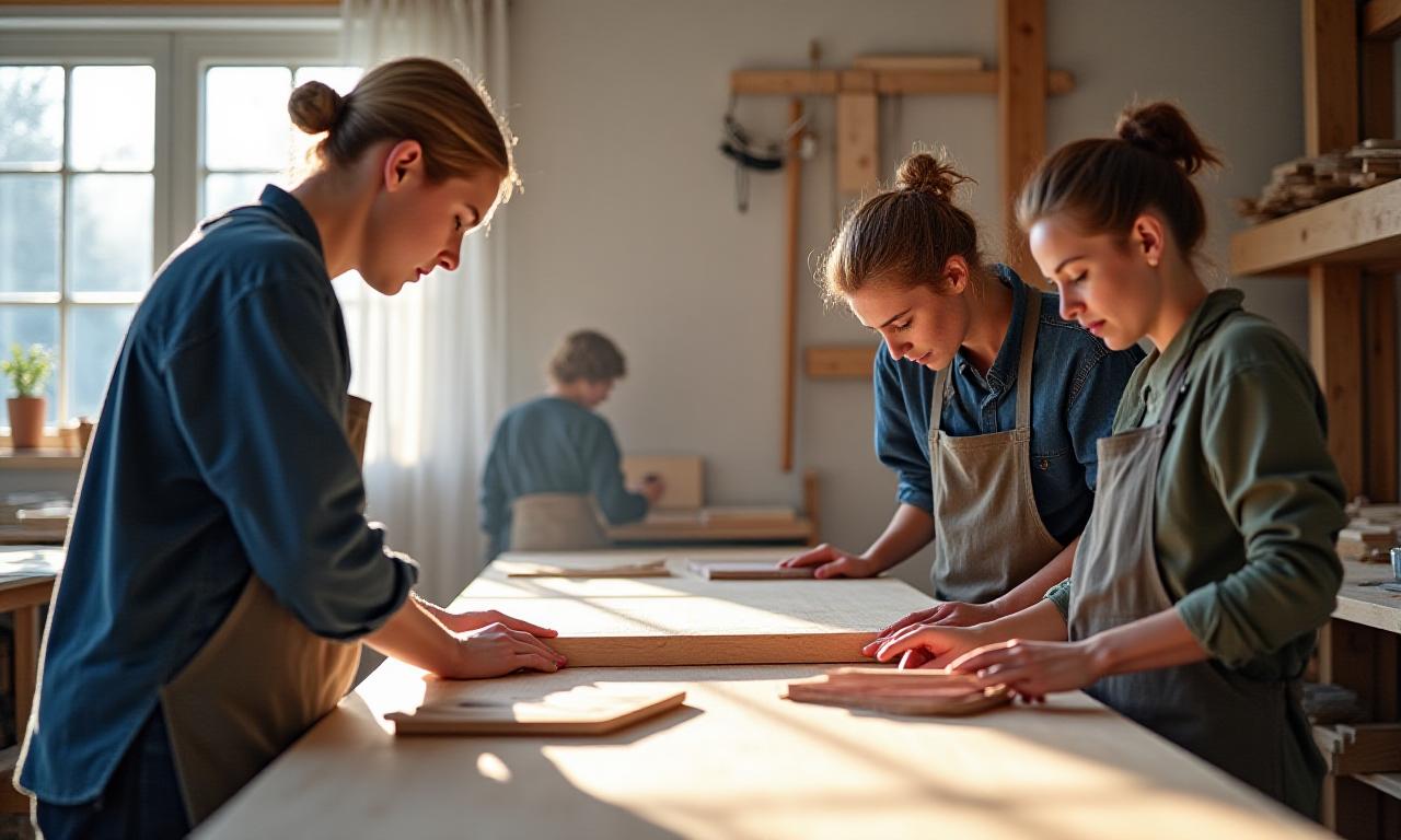 Team av møbelsnekkere i et lyst verksted, arbeider med tre. En person sliper en treoverflate mens en annen inspiserer en ferdig gjenstand. Lyst og innbydende atelier, med verktøy og treverk pent organisert, som reflekterer skandinavisk design