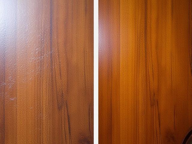 Skadet bordplate før restaurering, og deretter feilfritt etterpå